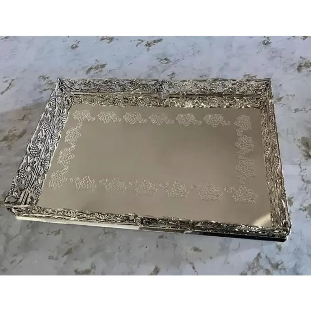 TRAY, NATURE HOME DÉCOR, GRAPE CLUSTER & LEAVES, MIRROR / SILVER